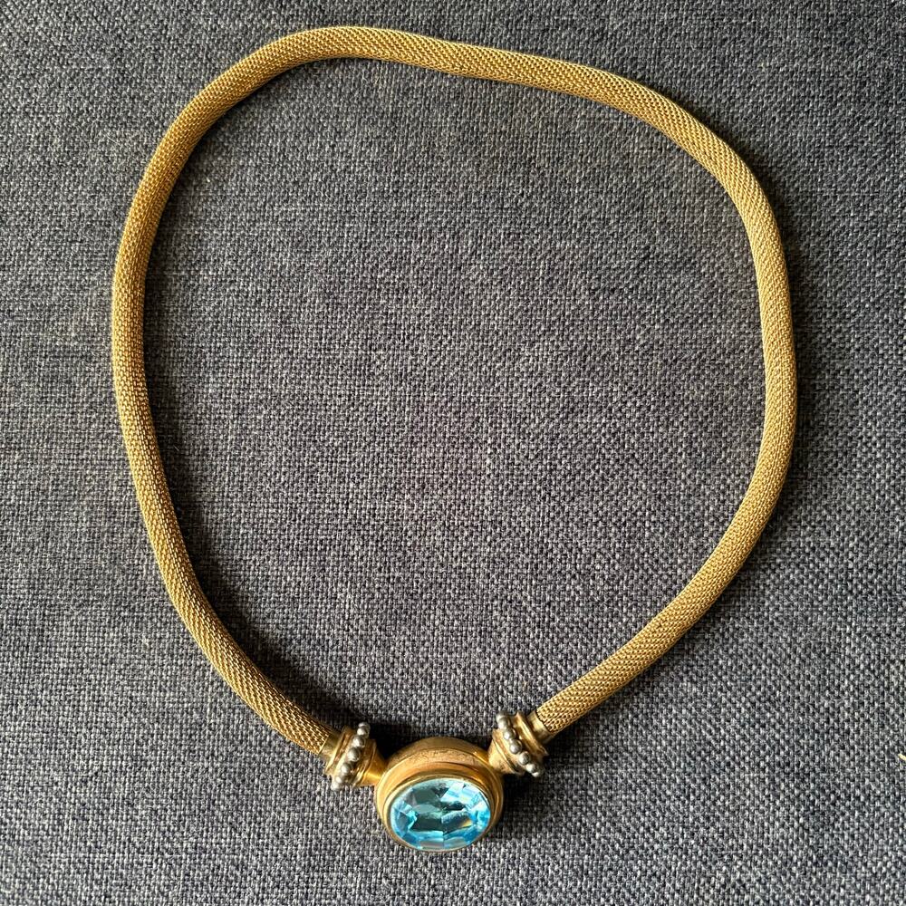 Gold Tone Mesh Choker Fashion Necklace Metal Magnetic Blue - Costume Jewelry